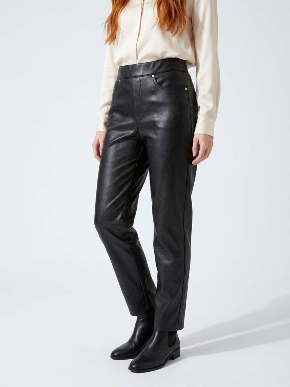 SPANX Women's Black Pull On Faux Leather Straight Leg Pants Sz S